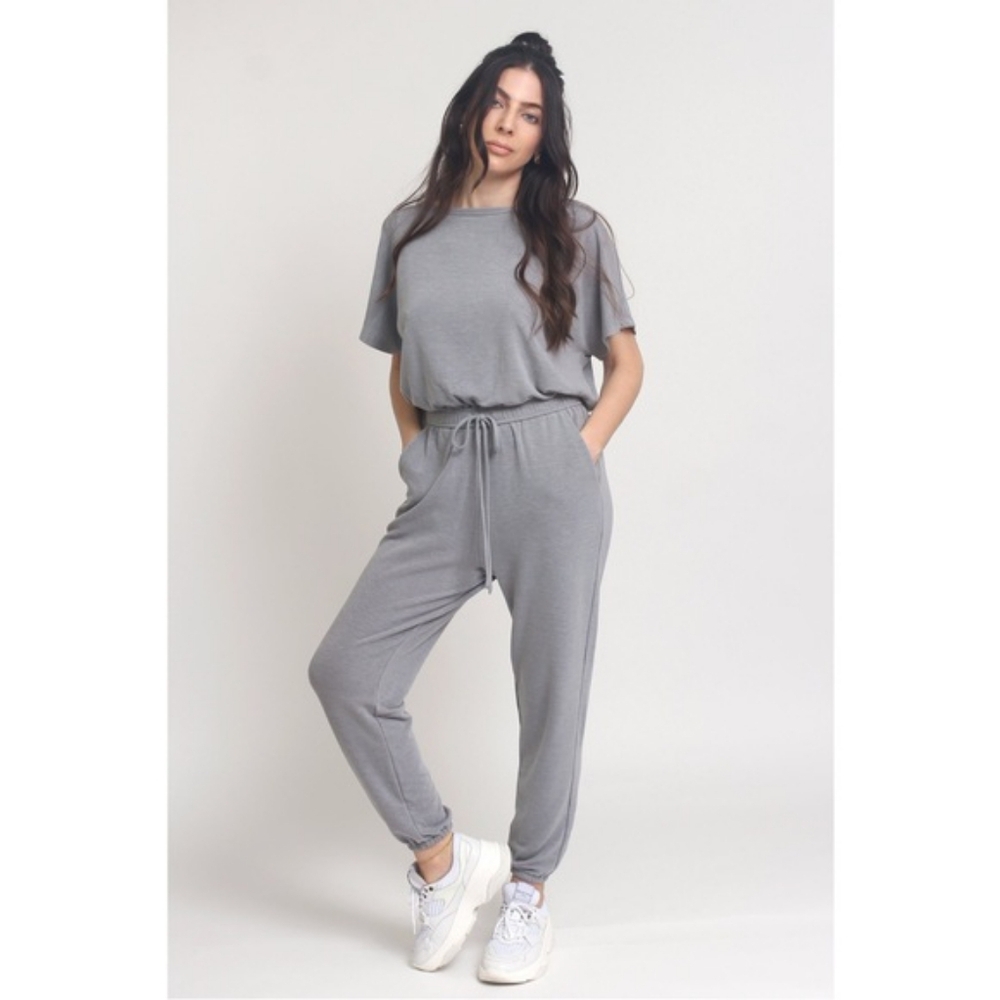 Lush Gray Terry Cloth Jumpsuit Tie Waist Pockets Medium